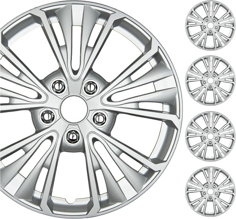BDK 16 Inch Hubcaps Set of 4 – OEM Replacement Snap-On Wheel Rim Covers - Universal Fit Car Wheel Cover for Cars, Trucks, SUV, Vans Durable ABS 5-Spoke Silver Hub-Cap Car Accessories Exterior - Image 1